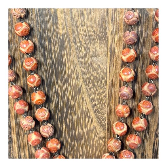 Vtg Hand-Carved Rosette Rose Coral Beaded Necklace Sterling Clasp Double Strand - Picture 6 of 7